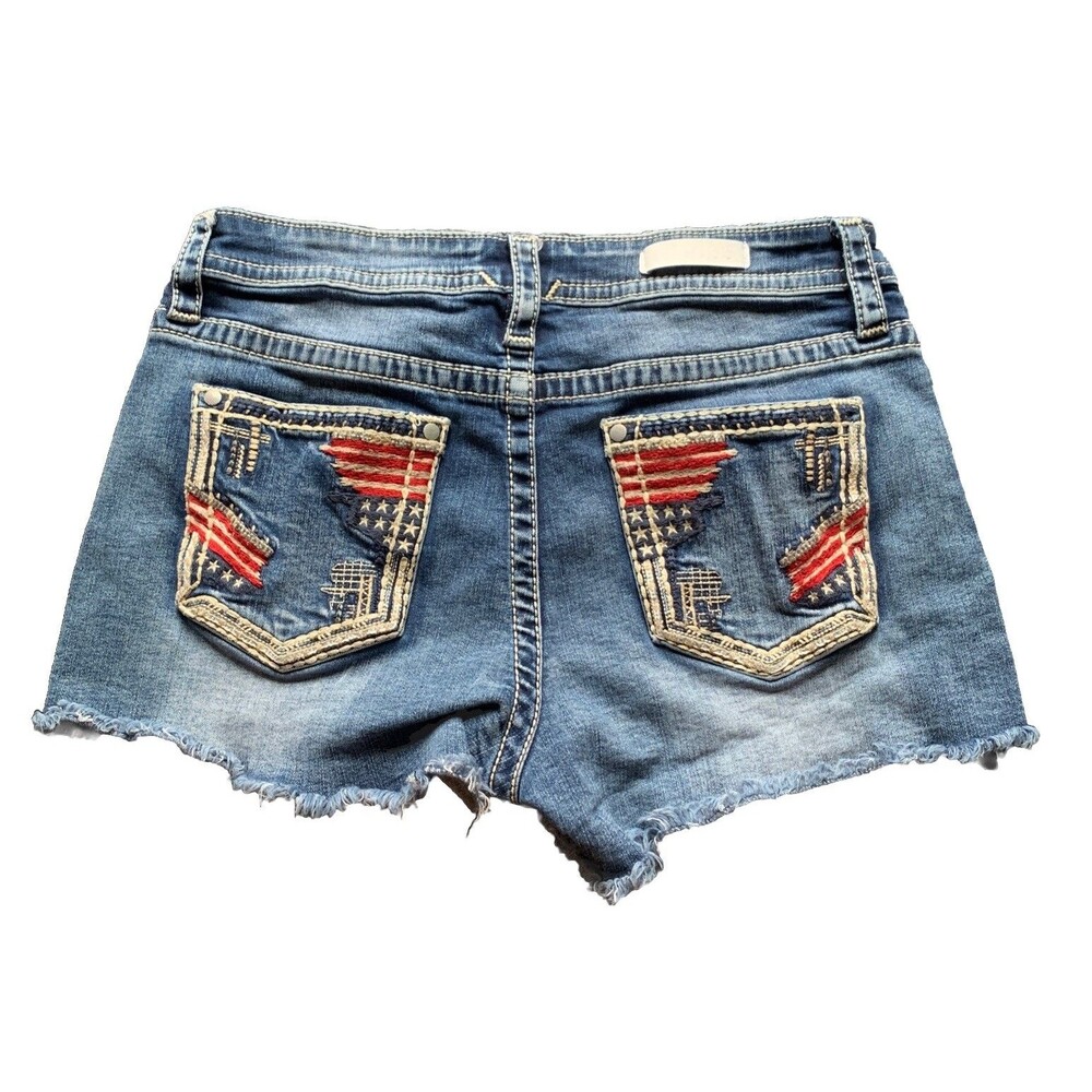 Vigoss Y2K Vtg Size 12 Denim Shorts USA Flag Embroidered Frayed Hem MCbling